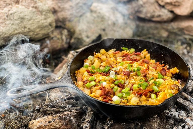 Camping breakfast scramble, Camping breakfast skillet, Camp breakfast scramble, Camp breakfast skillet, Egg potato bacon scramble, egg potato bacon skillet