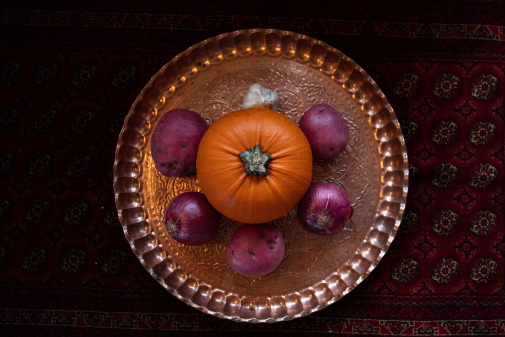 Pumpkin, Onions, Potatoes, Iranian copper tray, Persian copper tray, Turkmen Carpet