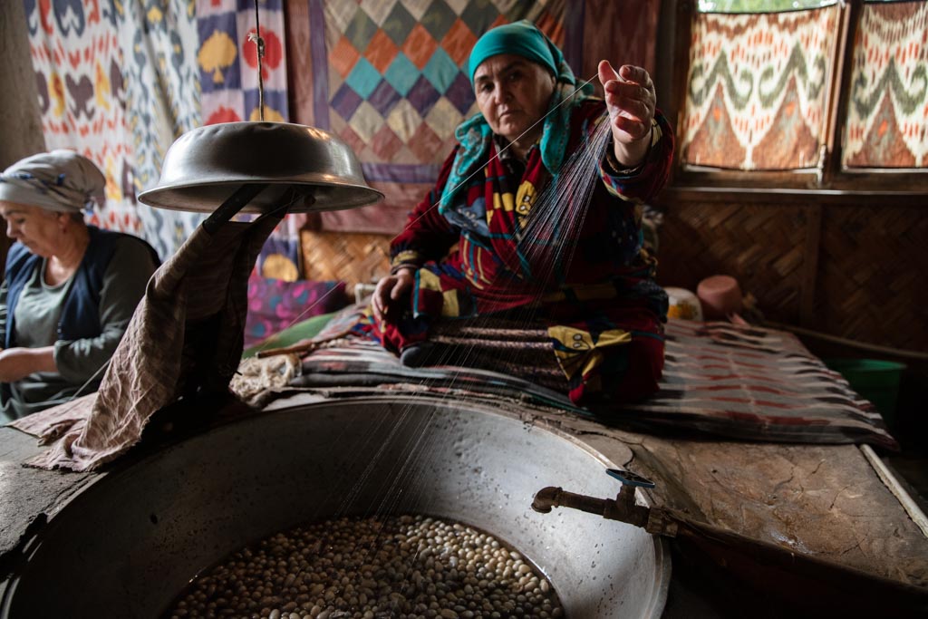 Silk threads, Yodgorlik Silk Factory, Margilan, Uzbek Fergana Valley, Uzbekistan