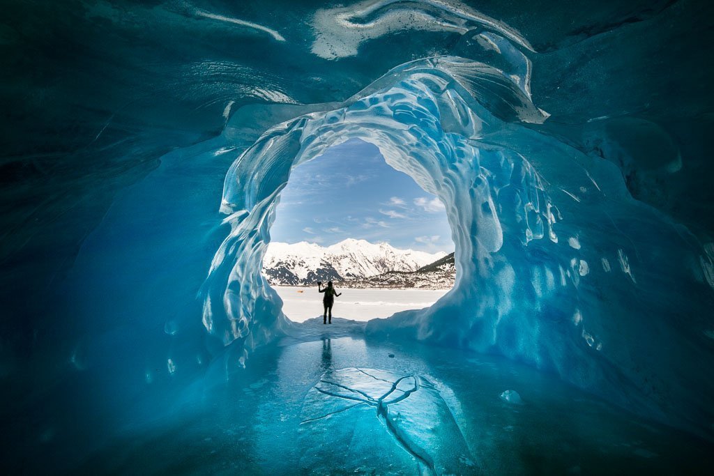 Alaska, Travel Alaska on a budget, Alaska Travel, Travel Alaska, Alaska budget, Alaska budget travel, ice cave, ice cave glacier, glacier cave, Travel AK budget, ice cave, Spencer Glacier, girl ice cave, blue, Spencer glacier Alaska, Spencer Glacier AK, glacier, glacier AK, glacier Alaska